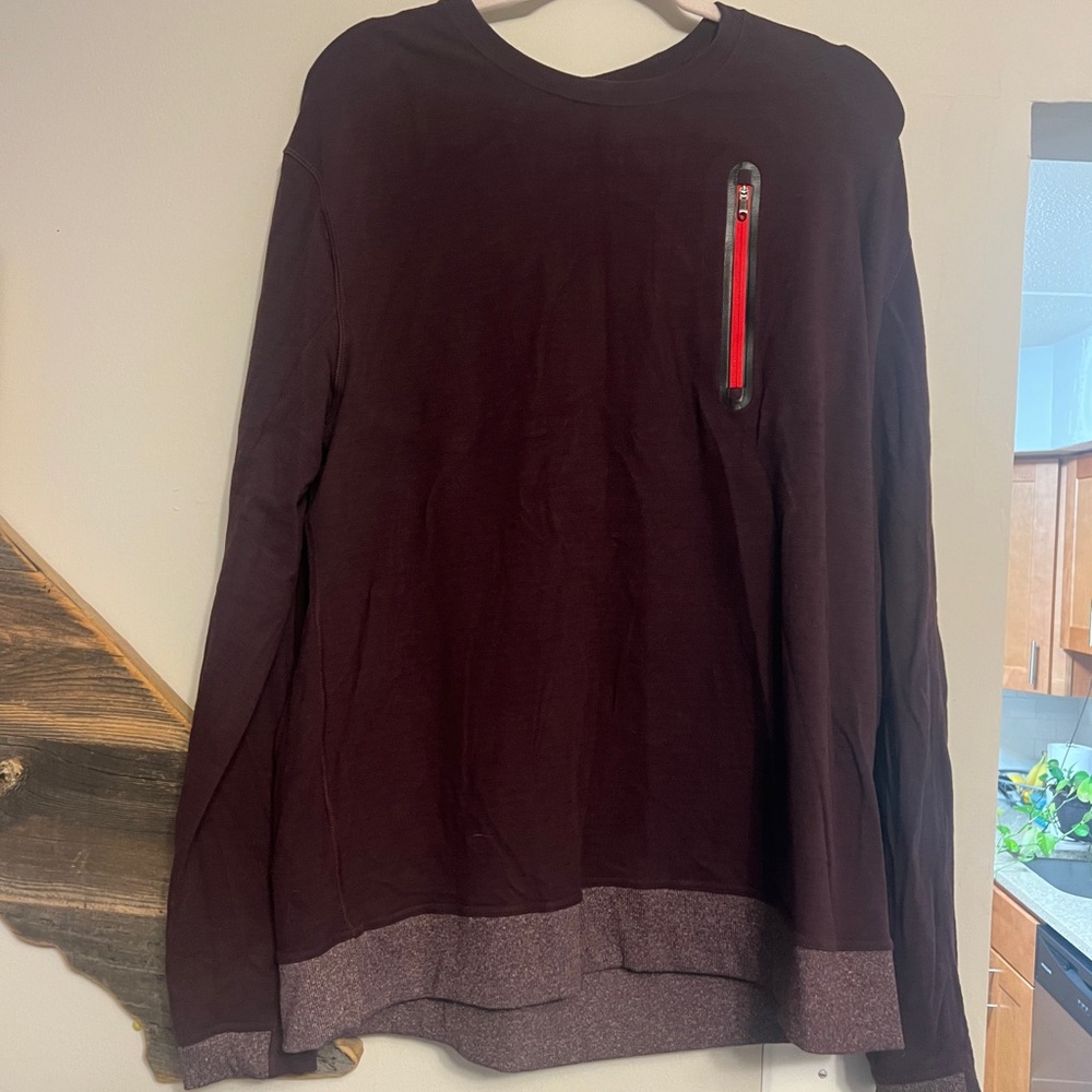 Men's Long-Sleeve Crew Sweatshirt in Dark Burgundy with Red Zip Accent